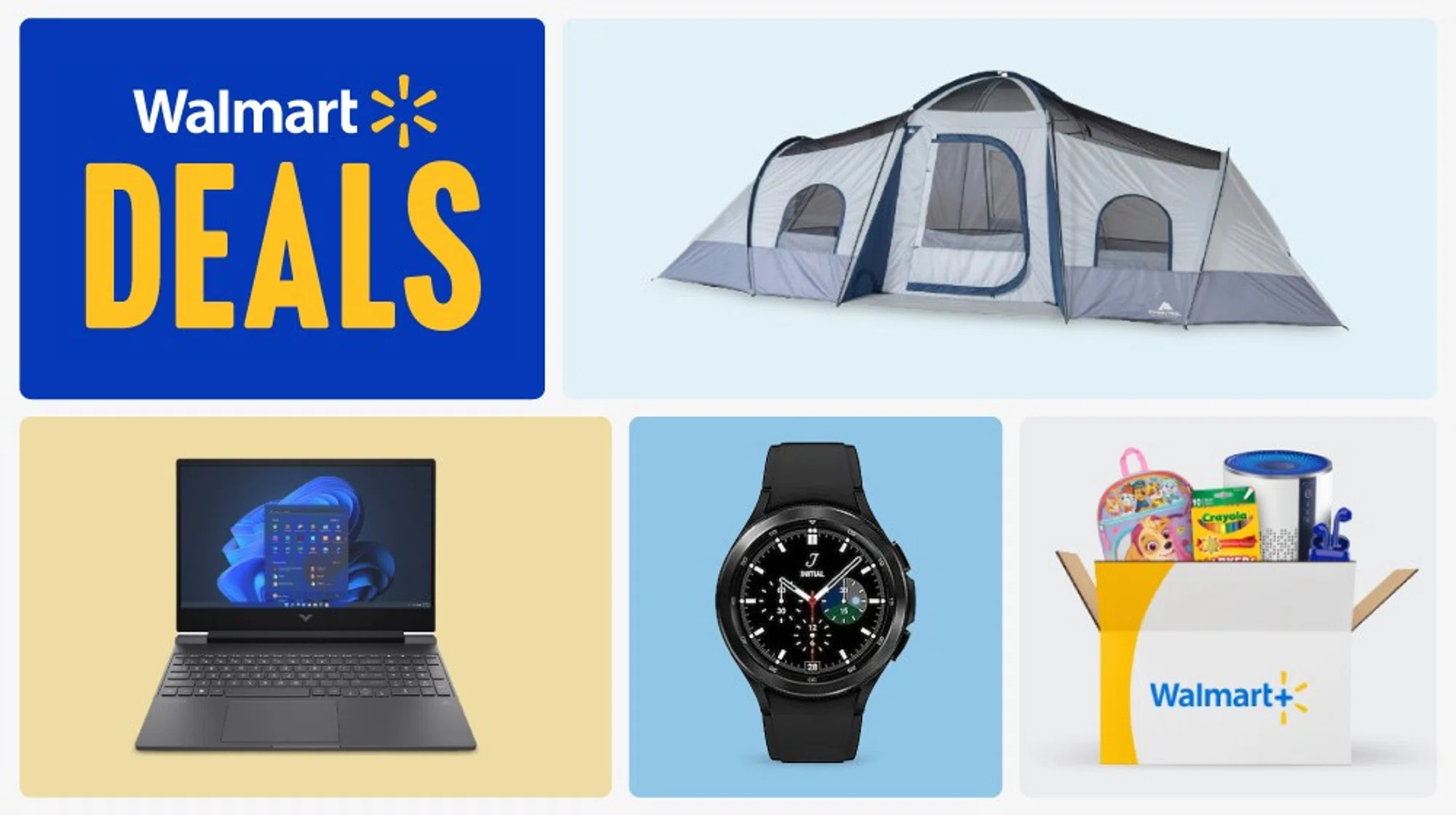 Walmart Deals Event, picturing a tent, laptop, watch, and back-to-school supply box.