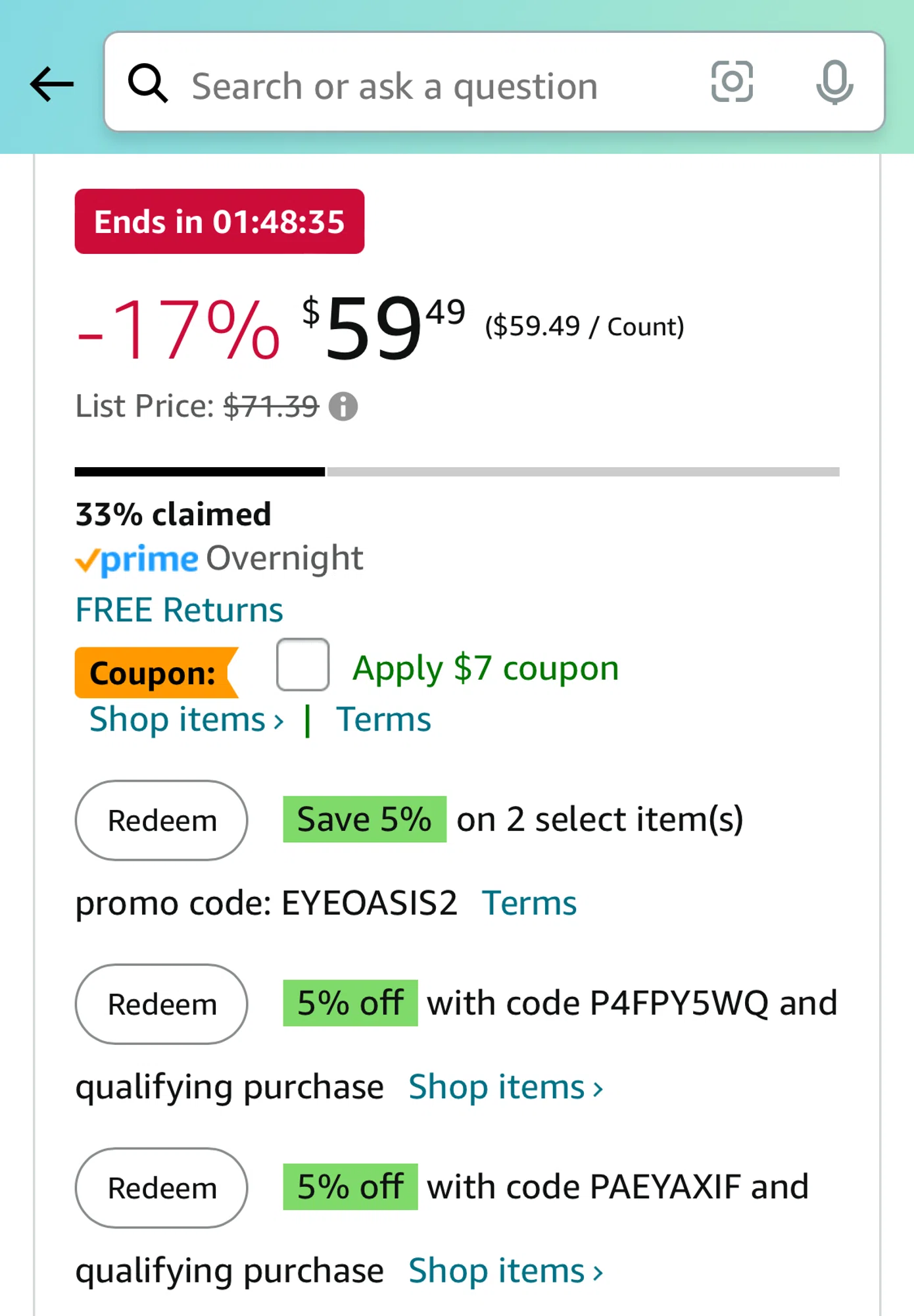 An Amazon product page, with a Lightning Deal discounting 17% off, and a clippable $7 coupon, and more prom codes for 5% off.