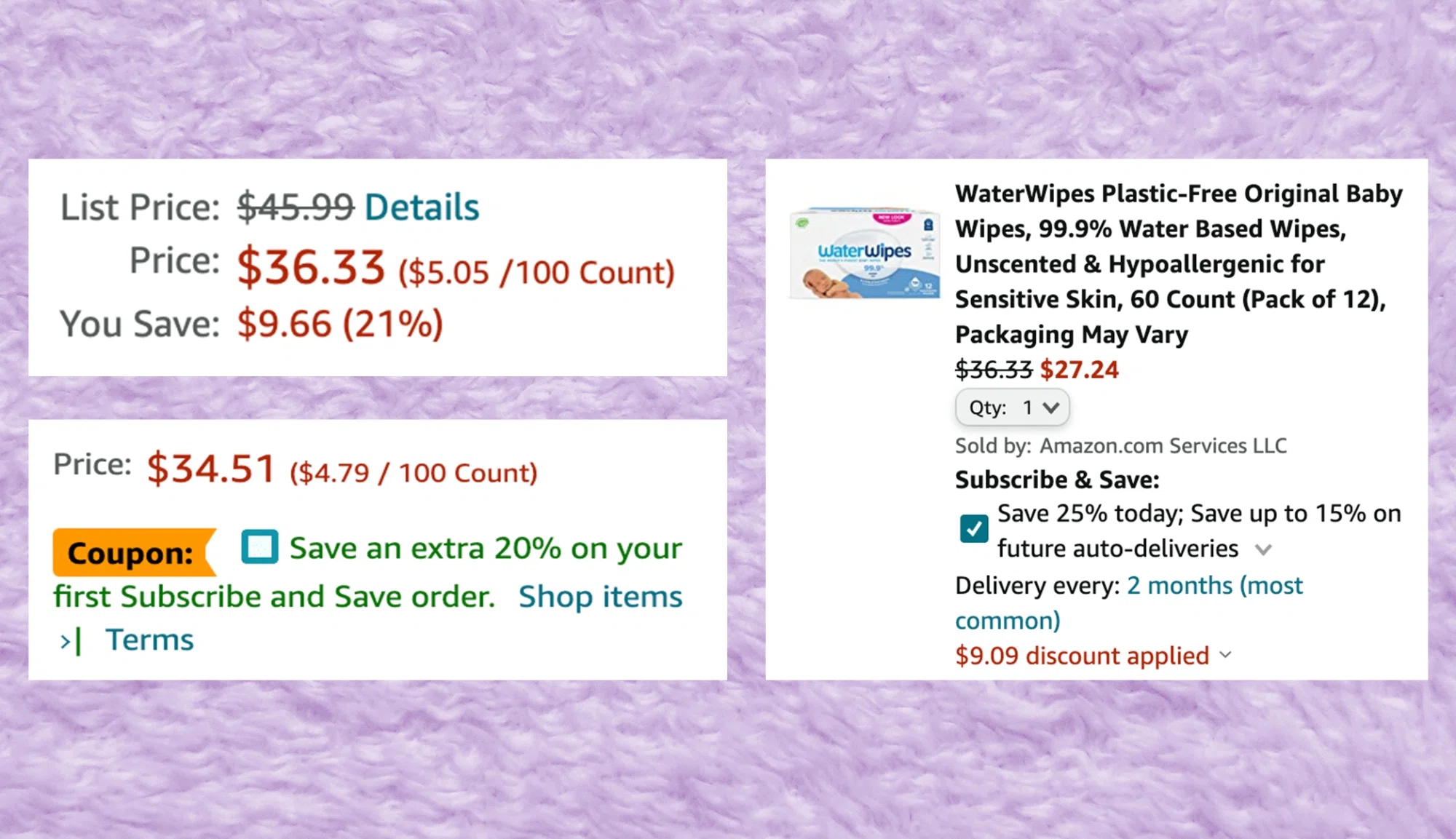 Get huge savings on WaterWipes Plastic-Free Original Baby Wipes on Amazon by clipping and stacking coupons and subscription discounts.
