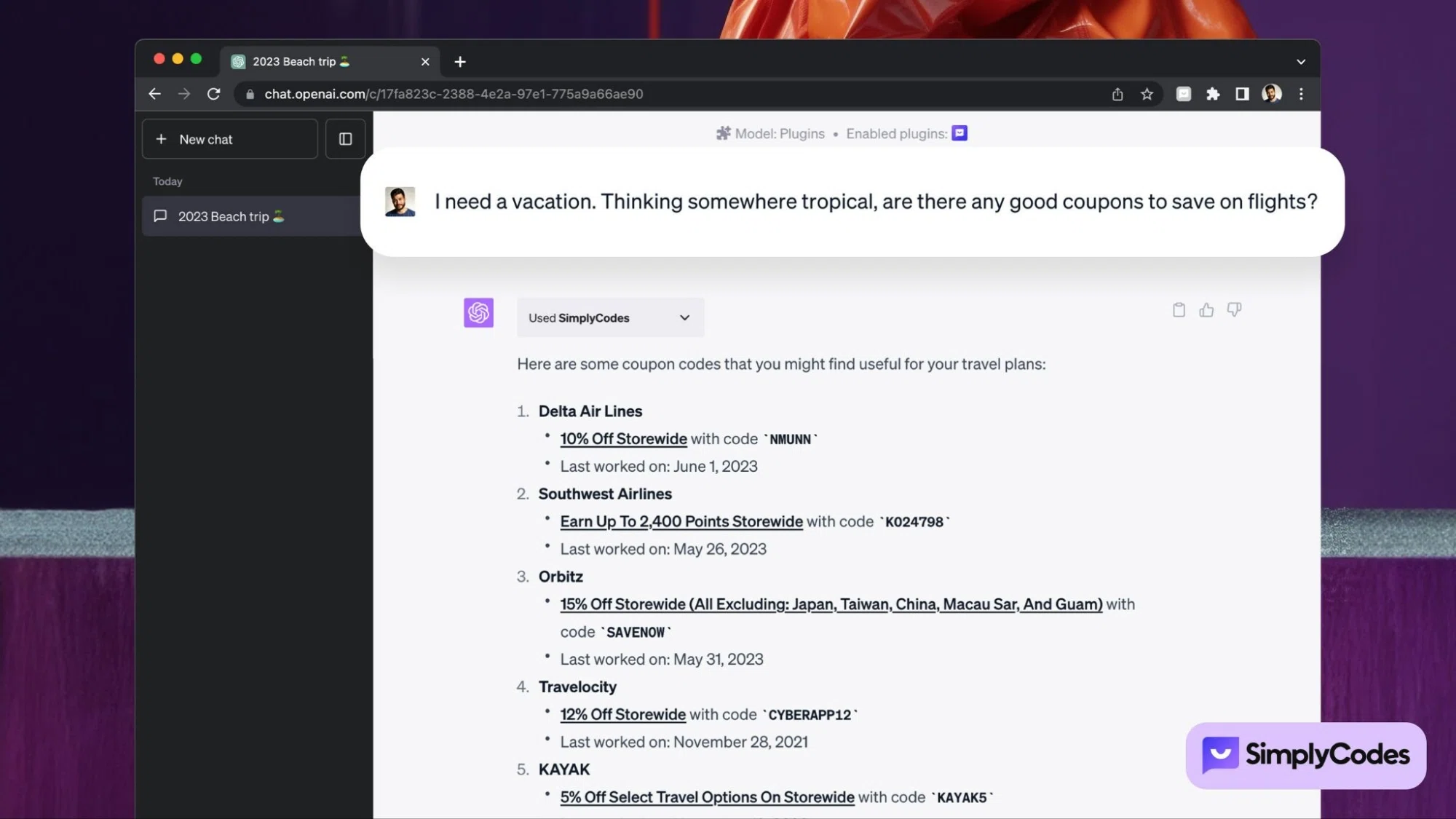 Real use case for SimplyCodes ChatGPT plugin, powering the most comprehensive coupon code tool with the ChatGPT language model.