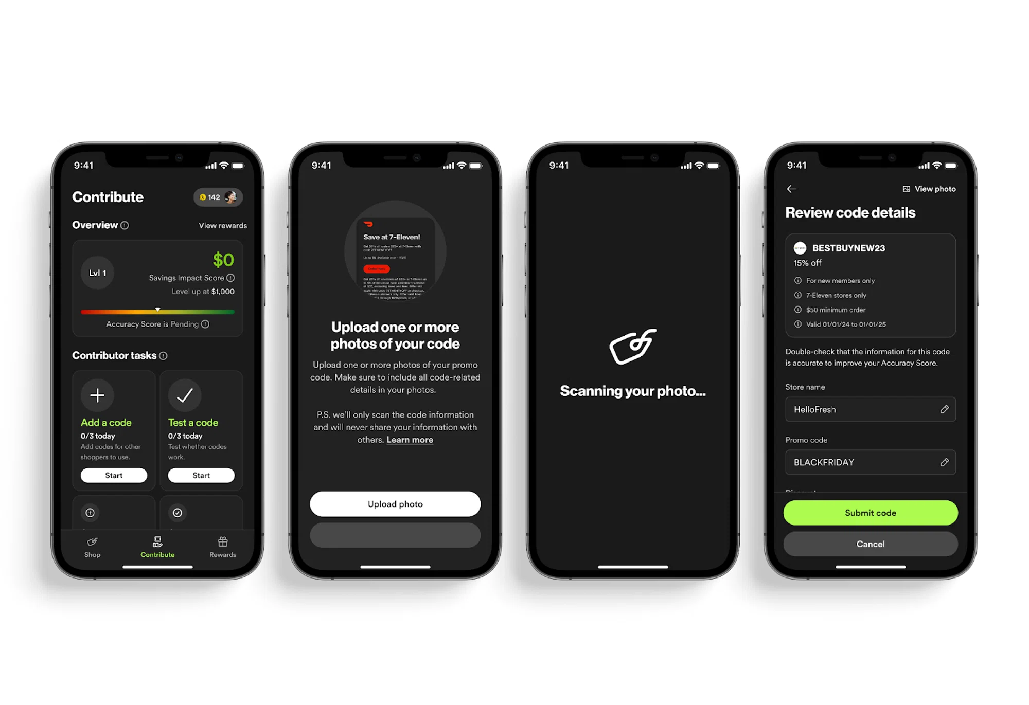 In the Contribute tab of the SimplyCodes mobile app, users can upload photos of deals, and the app will scan and extract promo code information, instantly adding them the database.