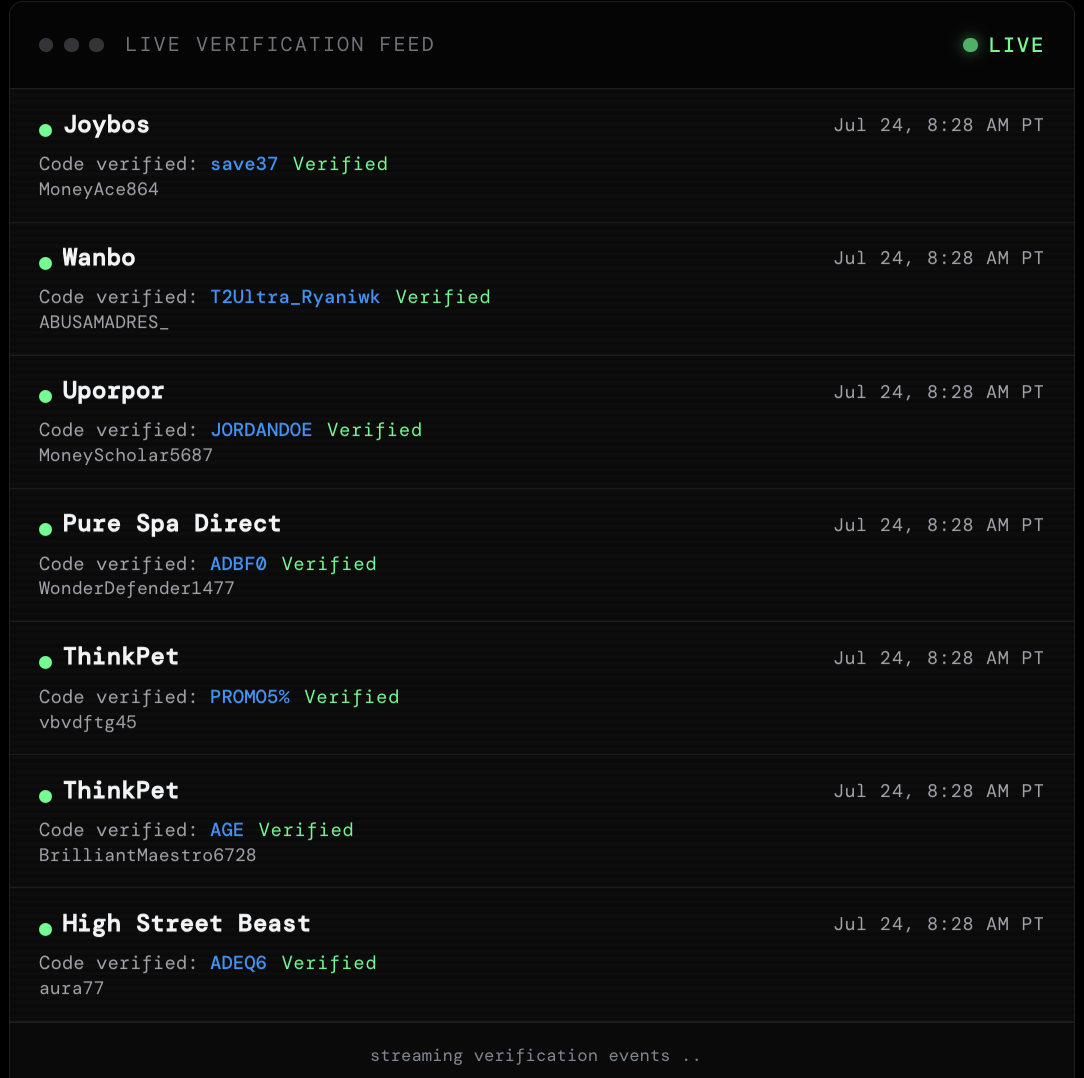 The SimplyCodes live verification feed