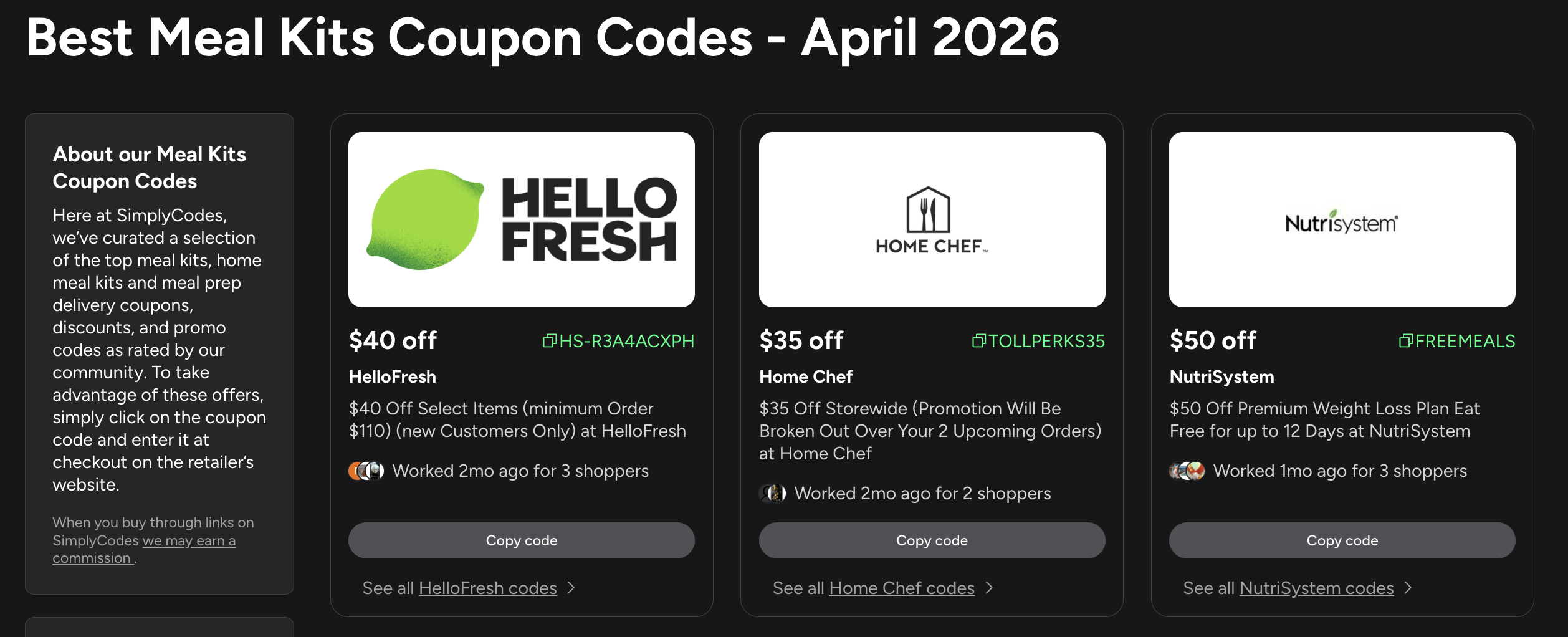 Meal kit coupon page for SimplyCodes