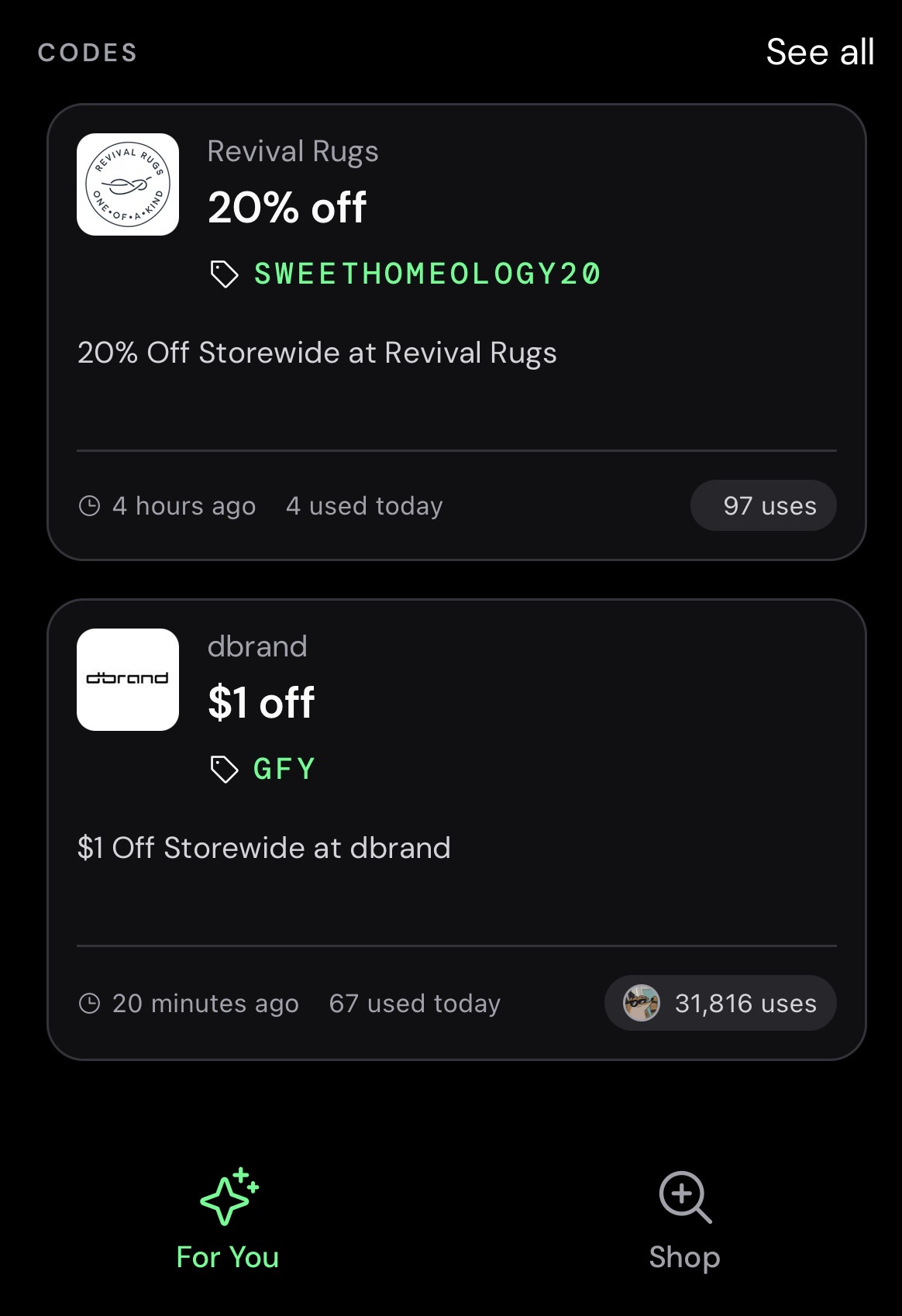 The SimplyCodes mobile app For You page