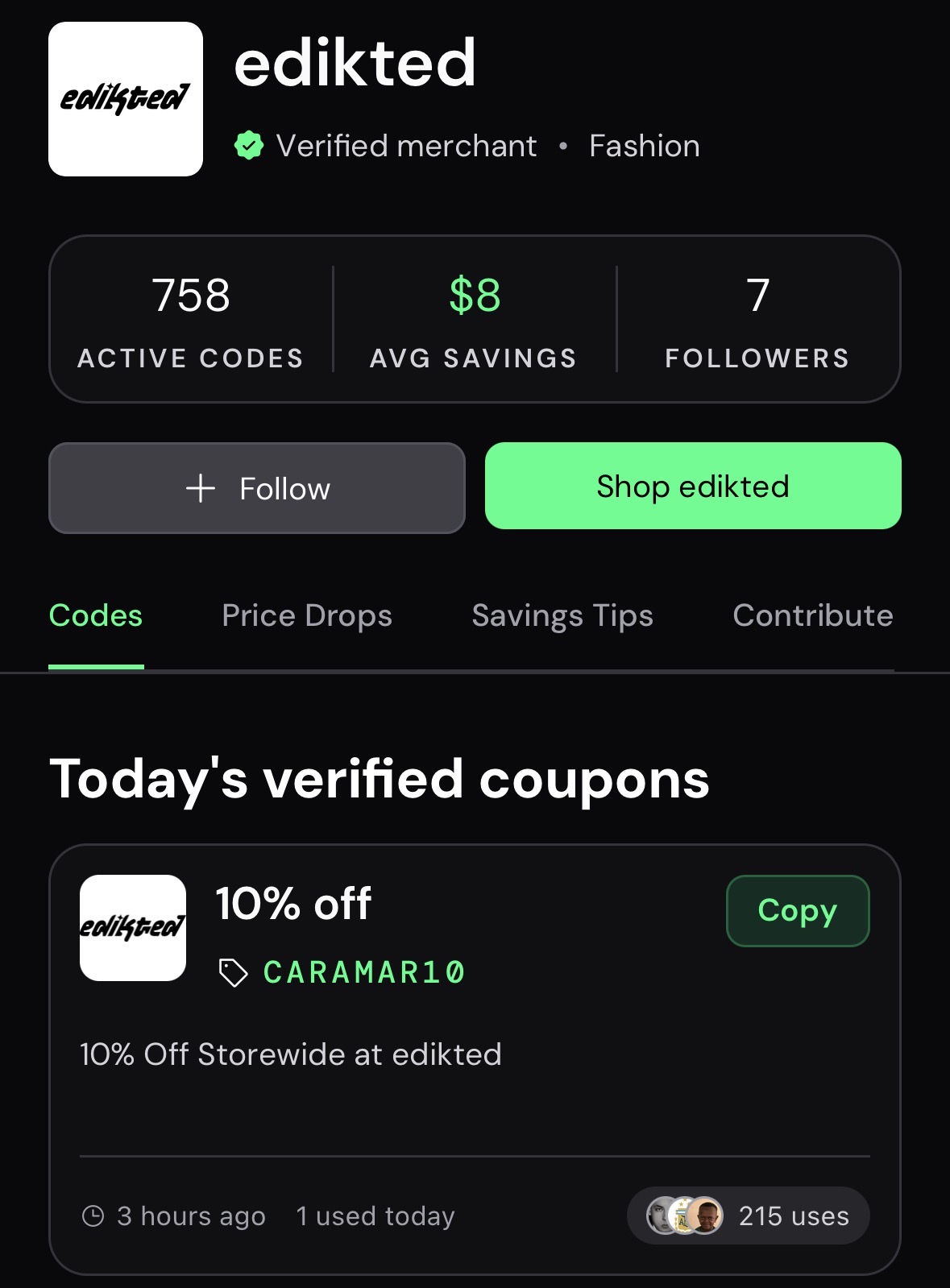 A store page in the SimplyCodes mobile app