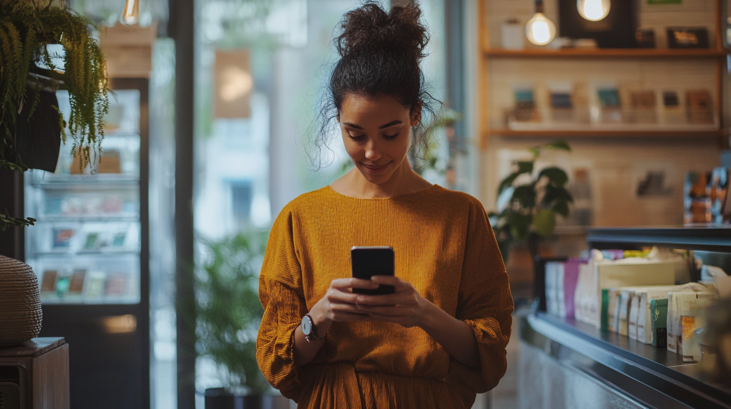 Woman shopping at the store checking for discounts on her phone.