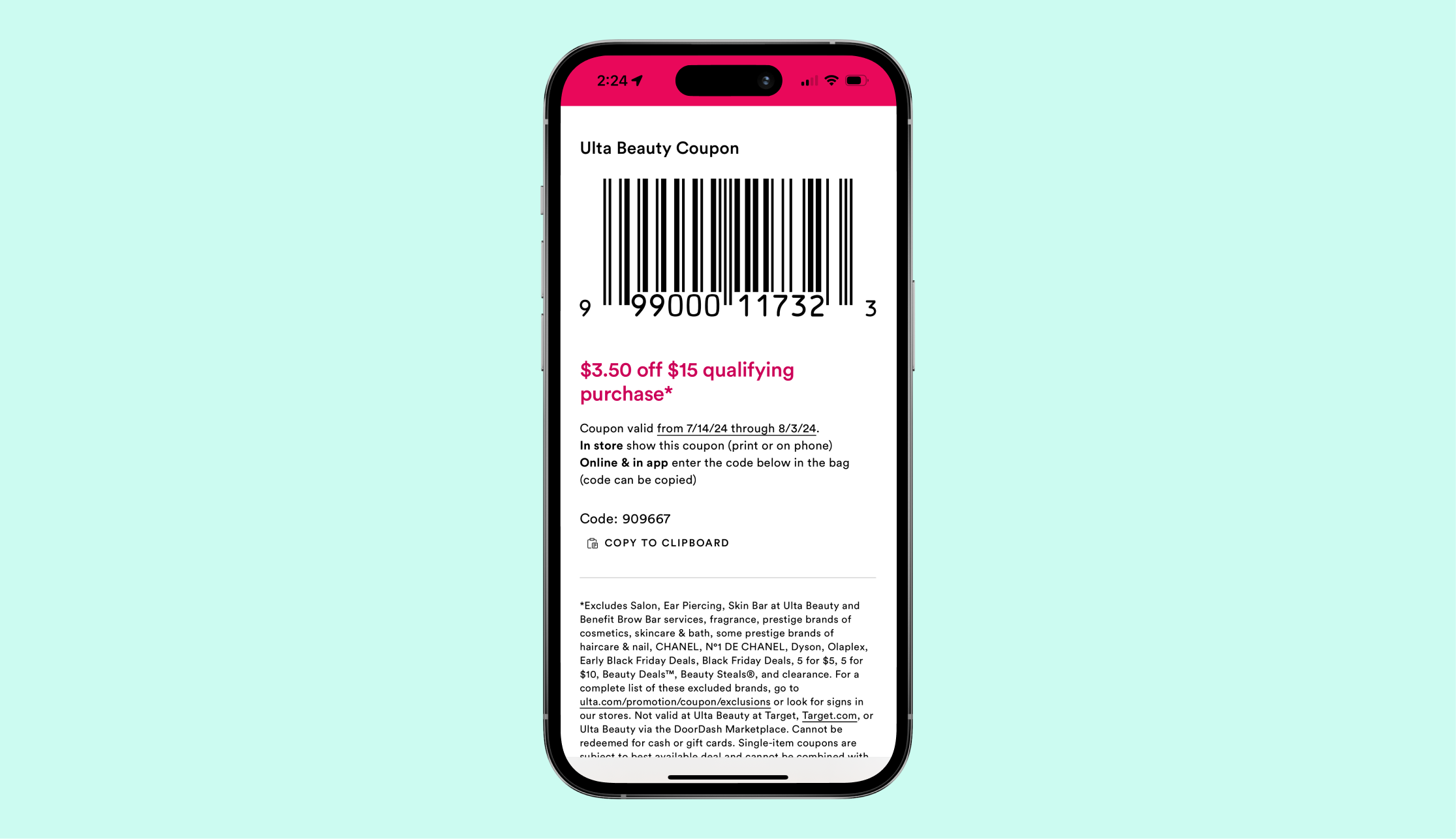 Ulta Beauty coupon barcode on a smartphone.