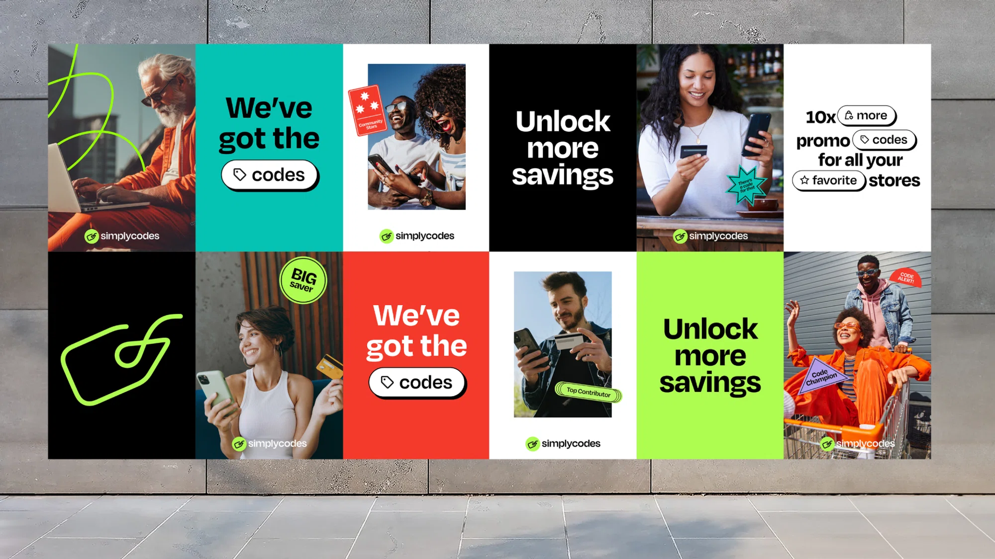 A wheatpaste poster series with Simplycodes 2024 branding, with messages like “Unlock more savings” and “We’ve got the codes.”
