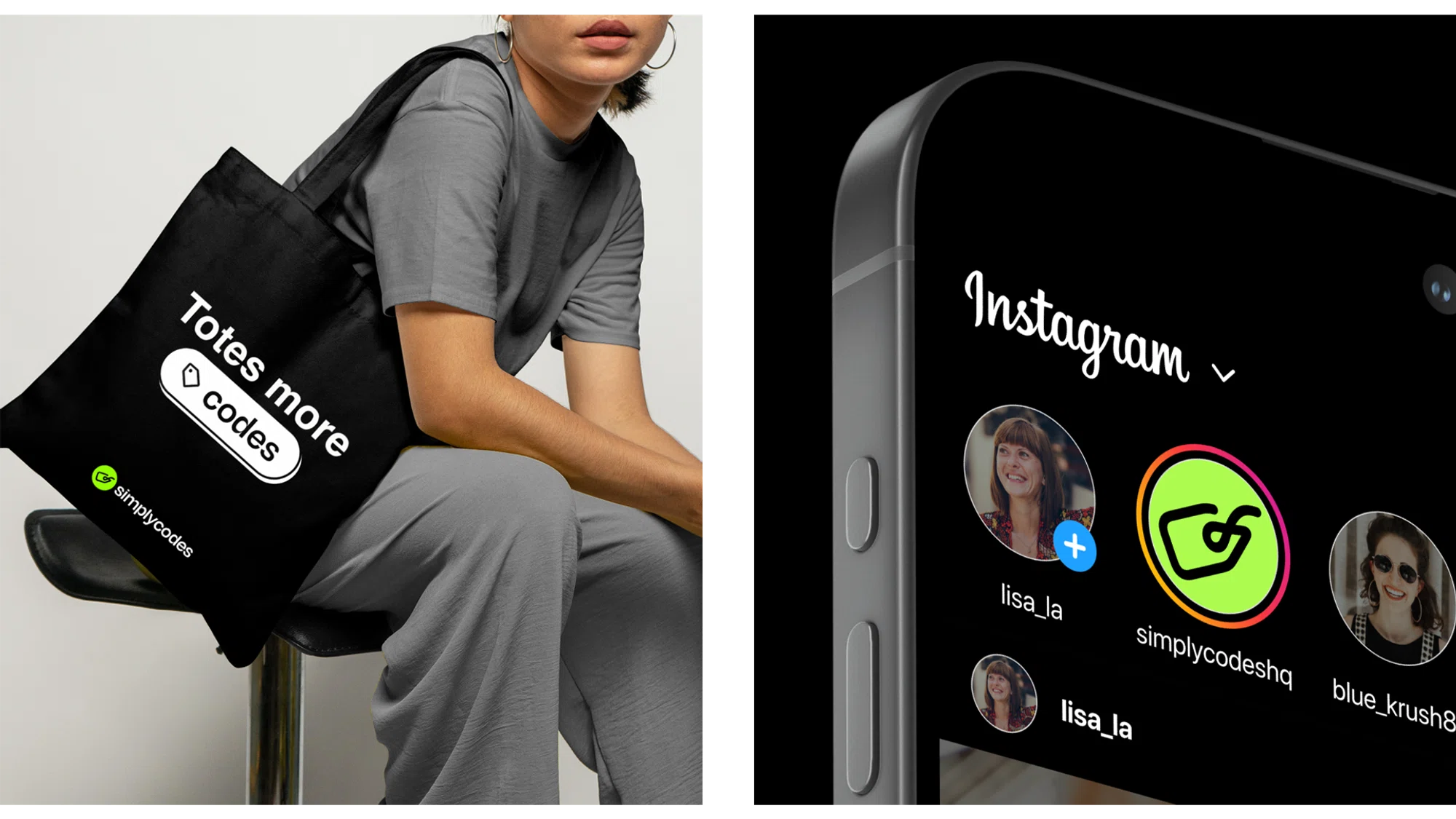 The new Simplycodes brand logo on a merchandise tote bag and as an Instagram profile. 