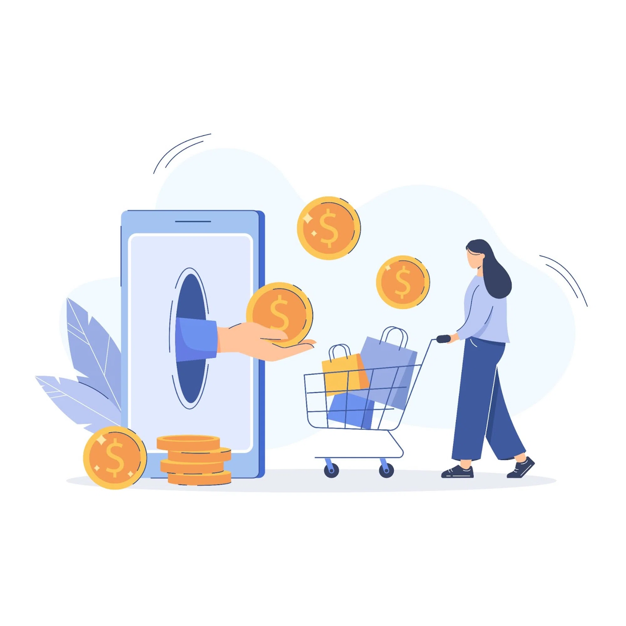 Save money shopping online by using promo code coupons. Depicted is a woman getting money back from her mobile device while filling up her cart.