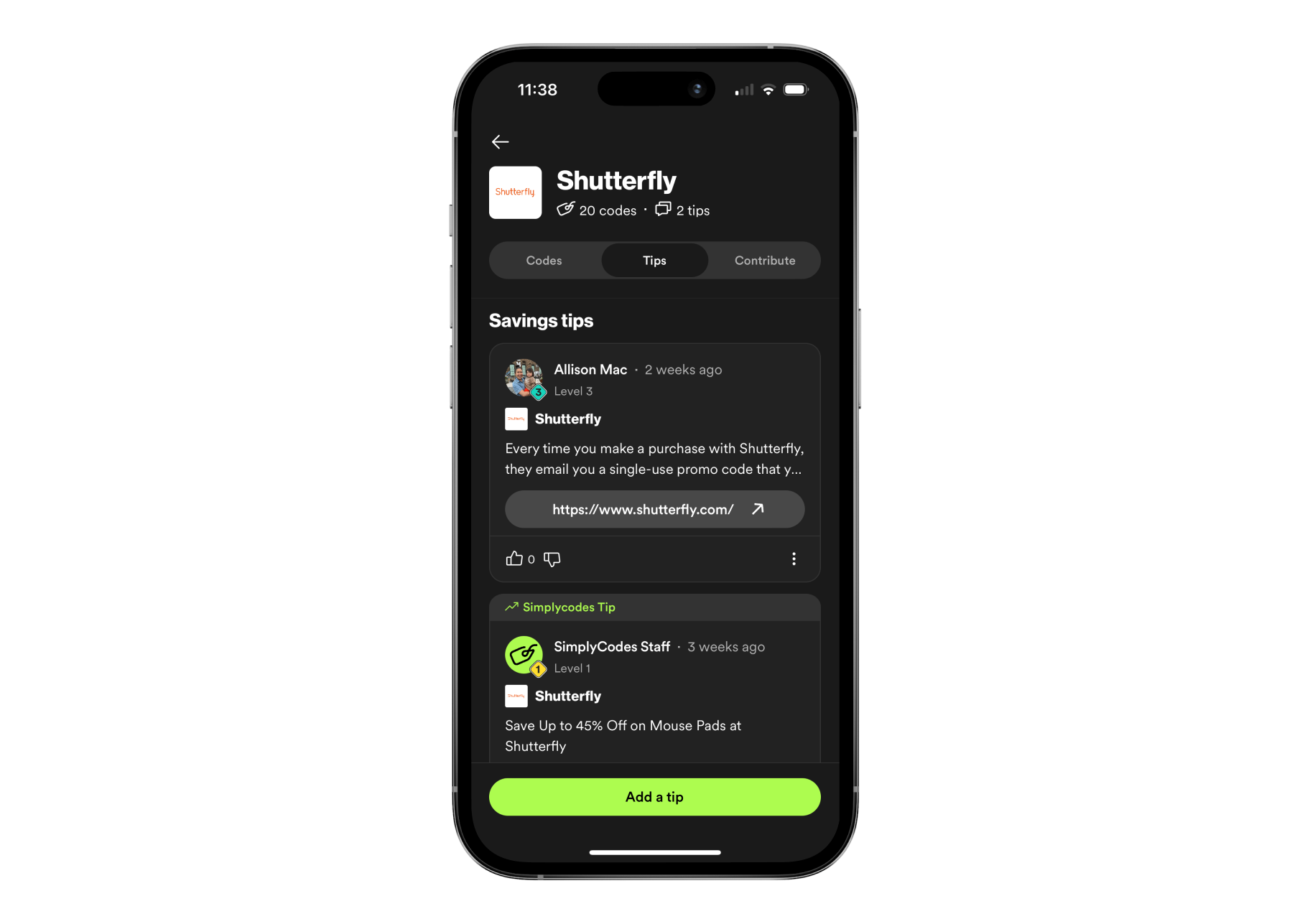 Tip for saving money at Shutterfly in the SimplyCodes app.