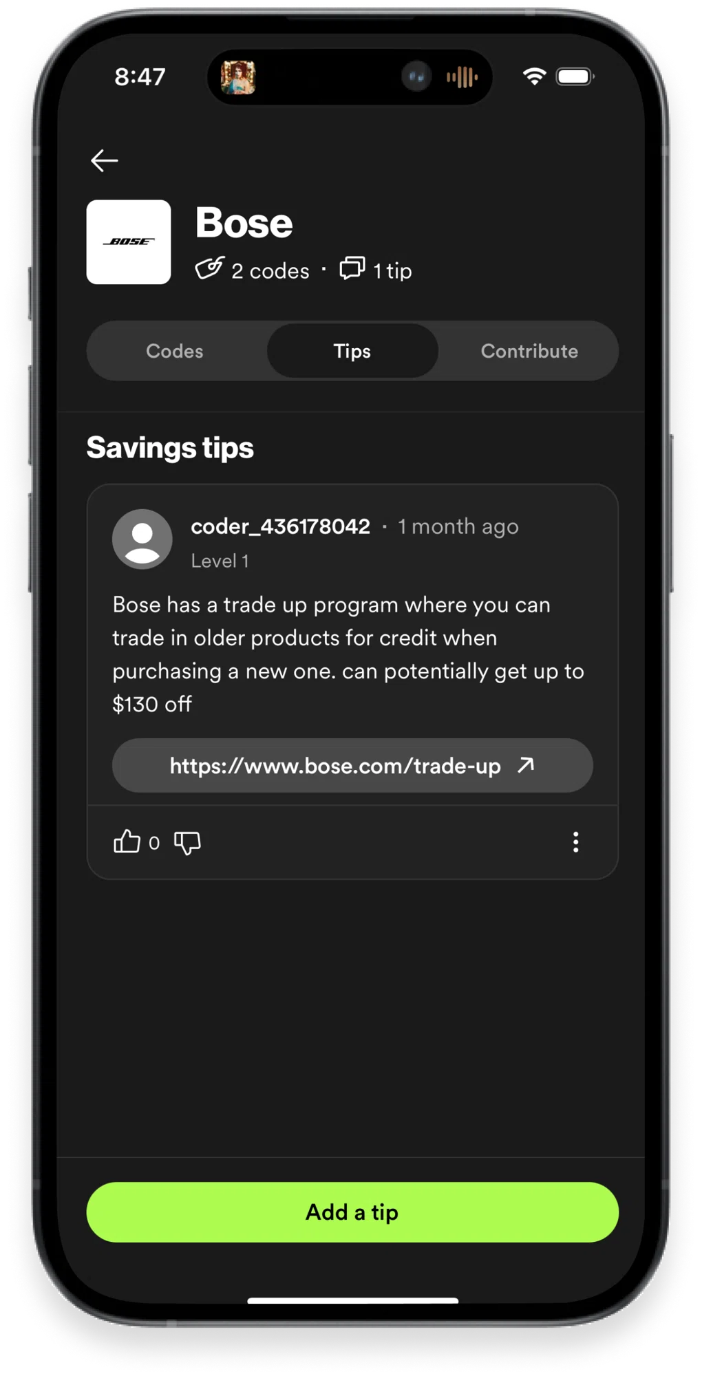 The SimplyCodes app on iPhone opened to the Bose brand page on the Tips tab, where a user shares how shoppers can earn trade in credit at Bose. Chappell Roan is playing in the dynamic island.
