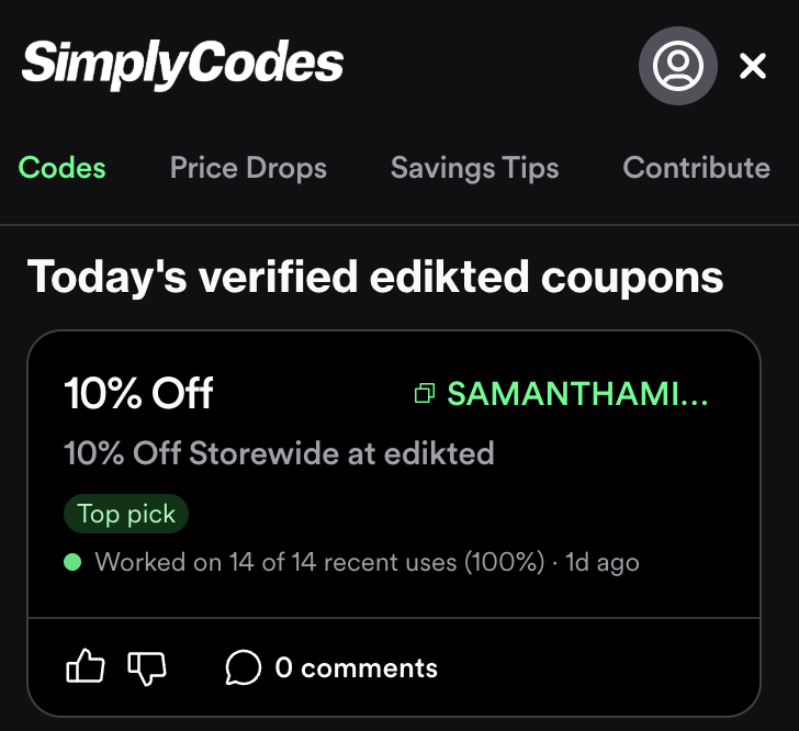 Confidence Score and code data shown in the SimplyCodes extension