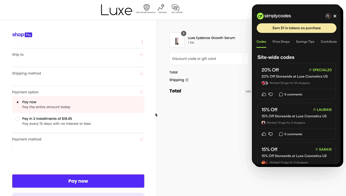 SimplyCodes browser extension rewards example