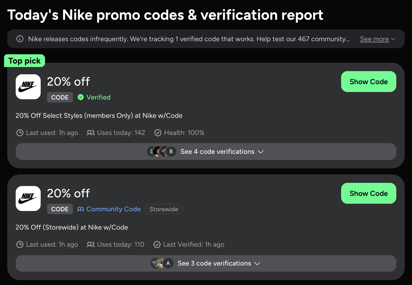 Today's Nike promo codes & verification report
